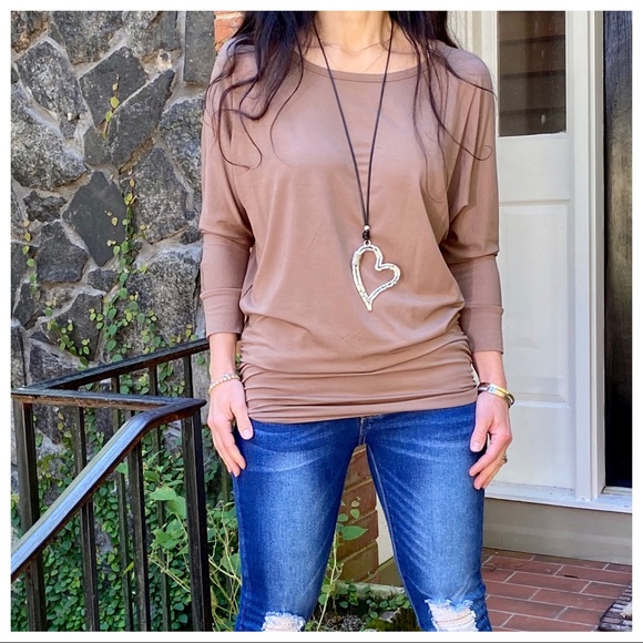 MOCHA DOLMAN BOATNECK 3/4 SLEEVES TUNIC TOP - Picture 5 of 15